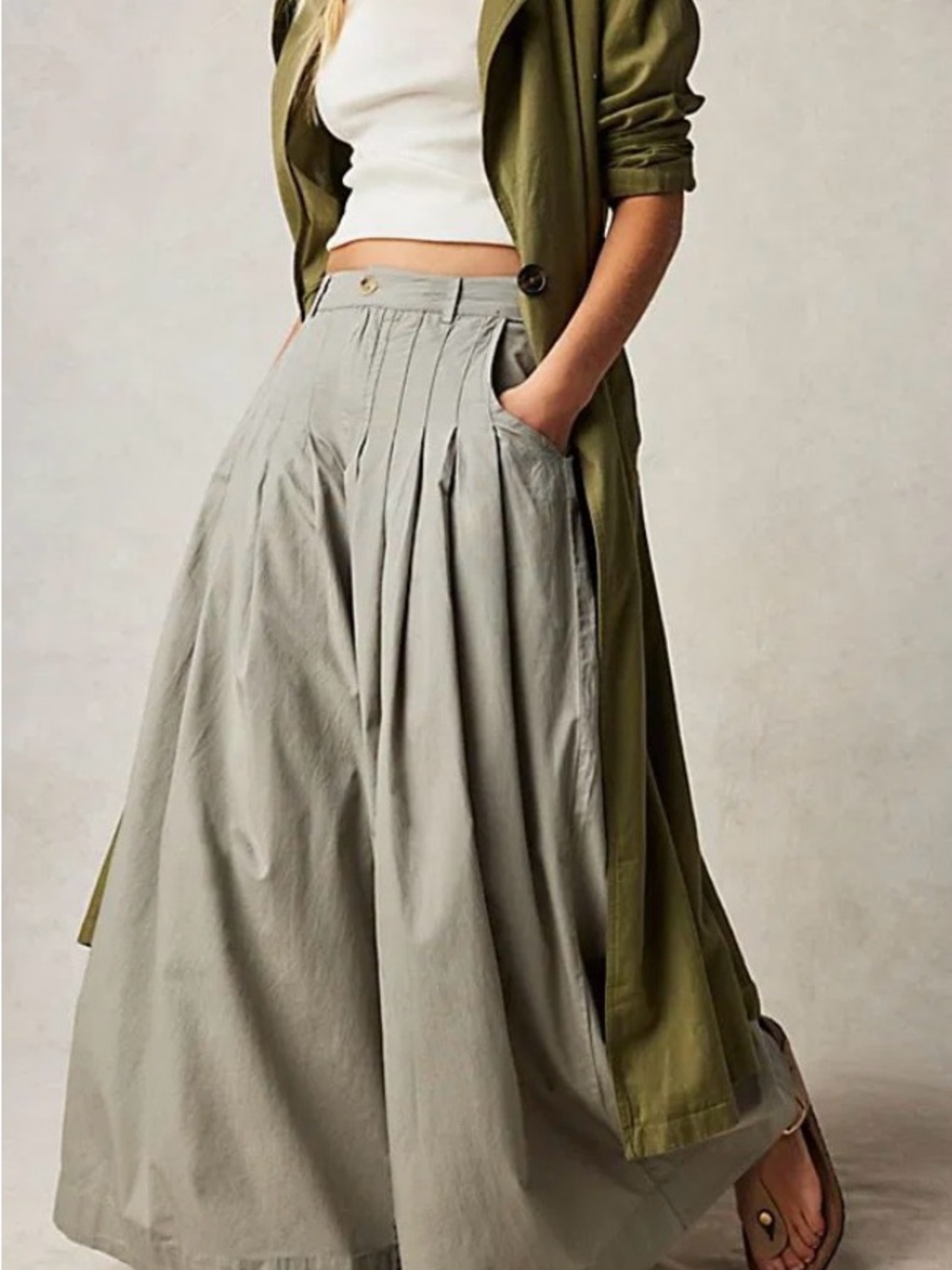 Free People Cassia Trousers Pants 4 Gray Green Wide Leg Cotton Boho Pleated